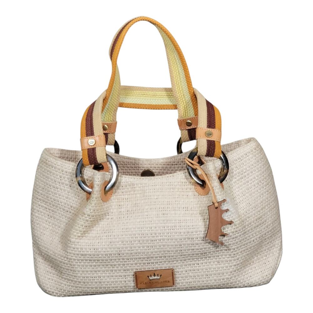 Elaine Turner Beige Woven Straw Handbag with Multicolor Double Handle‎